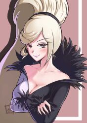 1girl absurdly_long_hair artist_logo bare_shoulders black_eyes blonde_hair breasts cleavage crossed_arms dress fur_trim heterochromia high_ponytail highres hilda_(under_night_in-birth) logo long_hair looking_at_viewer multicolored_clothes multicolored_dress off-shoulder_dress off_shoulder ponii ponytail red_eyes smile solo swept_bangs two-tone_dress under_night_in-birth very_long_hair