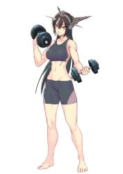 Rule 34 | 10s, 1girl, bike shorts, black hair, breasts, exercising, female focus, full body, groin, headgear, kantai collection, large breasts, long hair, nagato (kancolle), navel, red eyes, simple background, smile, solo, sports bra, toned, weightlifting, weights, yuuji (and)
