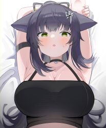 1girl :o absurdres animal_ears arknights arm_strap armpits arms_up black_camisole black_choker black_hair blush breasts bright_pupils camisole choker cleavage crop_top green_eyes hair_ornament highres jessica_(arknights) large_breasts long_hair looking_at_viewer parted_lips solo spam_(spamham4506) stretching sweatdrop upper_body white_pupils