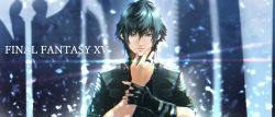 Rule 34 | 1boy, black hair, black jacket, blue eyes, closed mouth, final fantasy, final fantasy xv, fingerless gloves, gloves, hair between eyes, holding own wrist, jacket, jewelry, looking at viewer, male focus, noctis lucis caelum, ring, short sleeves, single glove, yoshio (55level)