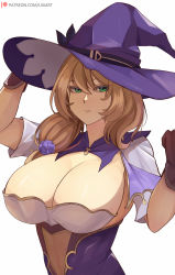 Rule 34 | 1girl, absurdres, breasts, brown hair, clothes, expressionless, female focus, genshin impact, gloves, green eyes, hat, highres, huge breasts, lisa (genshin impact), lixiart, long hair, ponytail, simple background, solo, white background, witch, witch hat