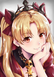 Rule 34 | 1girl, blonde hair, bow, choker, diadem, ereshkigal (fate), fate/grand order, fate (series), hair bow, head rest, kelinch1, long hair, looking at viewer, orange eyes, portrait, red bow, skull, smile, solo, twintails