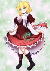 Rule 34 | 1girl, black footwear, blonde hair, blush, boots, braid, breasts, brown dress, closed mouth, collared shirt, commentary request, cosplay, dollyspica, dress, eyes visible through hair, frills, full body, gradient background, green background, green eyes, hair between eyes, hands up, kagiyama hina, kagiyama hina (cosplay), large breasts, leaf, looking down, mizuhashi parsee, pointy ears, puffy short sleeves, puffy sleeves, red dress, shirt, short hair, short sleeves, solo, sparkle, sparkle background, standing, touhou, white background