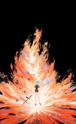 Rule 34 | 2others, absurdres, alternate universe, androgynous, aqua hair, bare arms, bare legs, black background, black shorts, burning, covered face, covering face, dated, dbly2015, dual persona, facing away, fire, gem uniform (houseki no kuni), hands on own face, hands up, high heels, highres, holding, holding sword, holding weapon, houseki no kuni, legs apart, multiple others, nude, other focus, phosphophyllite, puffy short sleeves, puffy sleeves, short hair, short sleeves, shorts, simple background, solo focus, sparkle, standing, sword, weapon