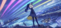 Rule 34 | 1girl, 2girls, absurdres, black hair, city, dress, dutch angle, facing away, from behind, highres, long hair, multiple girls, night, okuto, original, solo, standing, video camera, water, wind