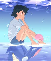 Rule 34 | 1boy, ash ketchum, barefoot, black hair, brown eyes, bubble, closed mouth, commentary request, creatures (company), from side, game freak, gen 6 pokemon, greninja, highres, male focus, nintendo, ok (asuta00912), pokemon, pokemon (anime), pokemon (creature), pokemon xy (anime), shirt, short hair, short sleeves, shorts, side slit, side slit shorts, smile, t-shirt, tongue, twitter username, water, watermark
