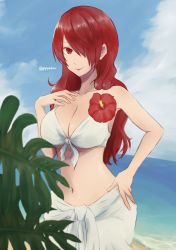 Rule 34 | 1girl, artist name, bikini, blue sky, breasts, cleavage, cloud, flower request, front-tie top, hair over one eye, hand on own hip, hand on own chest, highres, horizon, kirijou mitsuru, long hair, navel, ocean, persona, persona 3, pppppknw, red eyes, sand, sarong, shore, sky, solo, swimsuit, twitter username, water, white bikini