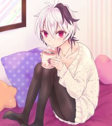 Rule 34 | 1girl, bed, commentary, cup, flower (vocaloid), heart, heart-shaped pillow, highres, holding, holding cup, indoors, jewelry, kisalaundry, knees up, looking at viewer, multicolored hair, nail polish, necklace, no shoes, pantyhose, pillow, purple hair, red eyes, red nails, ribbed sweater, short hair, sitting, solo, steam, streaked hair, sweater, flower (vocaloid4), vocaloid, white hair