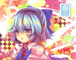 Rule 34 | 1girl, :t, angry, bandaid, bandaid on face, blue eyes, blue hair, cirno, kirero, pout, ribbon, short hair, solo, tears, touhou, upper body, wings