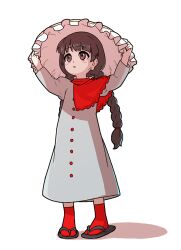 Rule 34 | 1girl, ajirogasa, black footwear, black hair, braid, brown eyes, brown hat, capelet, commentary request, dress, frilled hat, frills, full body, grey dress, hat, itani illust, long earlobes, long hair, looking up, red capelet, red socks, simple background, socks, solo, standing, touhou, twin braids, white background, yatadera narumi
