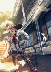 Rule 34 | 1girl, bad id, bad pixiv id, balcony, bench, bird, bird on hand, black pantyhose, blouse, blurry, boots, bow, bowtie, brick, brick floor, brown footwear, building, capelet, center frills, chinomaron, cross-laced footwear, day, depth of field, dress, feathers, frilled dress, frills, hat, highres, lace-up boots, long hair, long sleeves, motion blur, original, outdoors, owl, pantyhose, parted lips, pavement, perspective, plant, potted plant, railing, red bow, red bowtie, red eyes, shade, shirt, shorts, silver hair, sitting, sleeves past wrists, sunlight, thighhighs, tree, triangle mouth, white dress, white hat, white shirt, white shorts, window, witch, witch hat, wooden bench