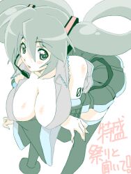 Rule 34 | 1girl, :o, alternate breast size, arm tattoo, bad drawr id, bad id, breasts, cleavage, crossed arms, detached sleeves, green eyes, green hair, green skirt, green thighhighs, grey shirt, hair between eyes, hatsune miku, headset, large breasts, leaning forward, long hair, long sleeves, looking at viewer, number tattoo, oekaki, open clothes, open shirt, pleated skirt, revealing clothes, segawa haruna, shirt, simple background, skirt, solo, standing, tattoo, thighhighs, twintails, vocaloid, white background