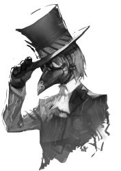Rule 34 | 10s, 1boy, akechi gorou, black gloves, club3, formal, gloves, greyscale, hand on headwear, hat, highres, male focus, mask, monochrome, persona, persona 5, simple background, solo, suit, top hat, upper body, white background