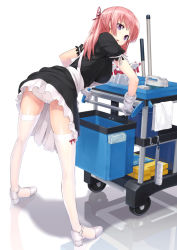 Rule 34 | 1girl, apron, arm garter, arm support, black dress, bottle, breasts, bucket, cart, cleaning brush, dress, frilled dress, frills, from behind, full body, gloves, high heels, leaning forward, legs apart, long hair, looking at viewer, looking back, maeda risou, maid, maid apron, original, panties, pantyshot, pink hair, purple eyes, shoes, short sleeves, sign, simple background, solo, spray bottle, standing, thighhighs, towel, underwear, white background, white footwear, white gloves, white panties, white thighhighs