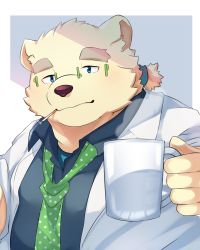 Rule 34 | 1boy, absurdres, animal ears, animal nose, bara, bear boy, bear ears, blue eyes, border, cigarette, collared shirt, commentary request, cup, fat, fat man, furry, furry male, glasses, green-framed eyewear, green necktie, grey background, hand up, highres, holding, holding cup, leib (housamo), male focus, mature male, mug, necktie, outside border, pig p0318, polka dot necktie, shirt, smile, snout, solo, thick eyebrows, tokyo houkago summoners, upper body, white border, yellow fur