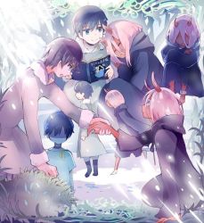 Rule 34 | 10s, 1boy, 1girl, aged down, bad id, bad twitter id, black hair, blue eyes, book, coat, colored skin, couple, darling in the franxx, fur trim, green eyes, grey coat, hand grab, hiro (darling in the franxx), holding, holding book, holding hands, horns, long hair, looking at another, multiple views, parka, pink hair, rain oa, red skin, short hair, spoilers, zero two (darling in the franxx)