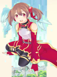 Rule 34 | 10s, 1girl, absurdres, black thighhighs, blush, brown hair, fingerless gloves, gloves, highres, oji (axavier), pina (sao), pink eyes, short twintails, silica, smile, sword art online, thighhighs, twintails