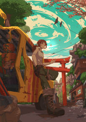 Rule 34 | 1girl, bandages, bandaid, bird, boots, bridge, brown hair, car, cherry blossoms, cliff, expressionless, foreshortening, from below, garsuke, hand in pocket, highres, lara croft, long hair, looking away, motor vehicle, overgrown, pants, petals, pixiv tomb raider contest, ponytail, power lines, sky, solo, tomb raider, tomb raider (reboot), torii, tree, vehicle
