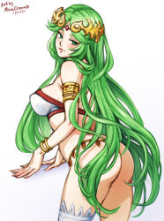 Rule 34 | 1girl, 2021, armlet, artist name, ass, bikini, blush, bracelet, breasts, dated, female focus, forehead jewel, gradient background, green eyes, green hair, jewelry, kid icarus, large breasts, leaning forward, long hair, long legs, looking at viewer, matching hair/eyes, mina cream, nintendo, palutena, seductive smile, simple background, single thighhigh, smile, solo, standing, super smash bros., swimsuit, thighhighs, tiara, very long hair, white background, white thighhighs