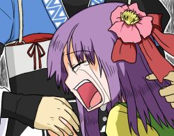 Rule 34 | 1boy, 1girl, commentary request, crying, closed eyes, flower, hair flower, hair ornament, hieda no akyuu, japanese clothes, leaning on person, morichika rinnosuke, open mouth, purple hair, sag (karehabase), short hair, sobbing, streaming tears, tears, touhou