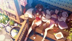 Rule 34 | 2girls, 909089089, anklet, architecture, azur lane, black hair, black legwear, breasts, brown hair, cat, chinese clothes, cleavage, cleavage cutout, clothing cutout, coat, cobblestone, commentary request, day, dress, east asian architecture, eating, closed eyes, from above, fur-trimmed coat, fur trim, highres, jewelry, lantern, long hair, looking at another, lying, medium breasts, medium hair, multiple girls, ning hai (azur lane), on back, open clothes, open coat, open mouth, outdoors, overcoat, paper lantern, pelvic curtain, ping hai (azur lane), plant, porch, potted plant, purple dress, red dress, siblings, single thighhigh, sisters, sitting, small breasts, smile, sunlight, thighhighs, thighs, twintails, white cat, white coat