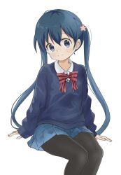 Rule 34 | 1girl, absurdres, black pantyhose, blue eyes, blue hair, closed mouth, dot nose, feet out of frame, female focus, flower hair ornament, highres, kin-iro mosaic, komichi aya, long hair, long sleeves, looking at viewer, pantyhose, school uniform, shirt, simple background, sitting, smile, solo, suzume tsumugi, sweater, twintails, white background