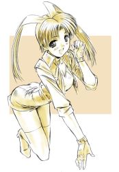 Rule 34 | 1990s (style), 1girl, all fours, antenna hair, bent over, blush, boots, breasts, cleavage, dress, fingerless gloves, gloves, happy, high heels, long hair, looking at viewer, monochrome, moriguchi nao (naonao), naonao77, open mouth, shoes, sleeves rolled up, smile, solo, thigh boots, thighhighs, utsugi mikoto, vest, yuusha ou gaogaigar, yuusha series, zettai ryouiki