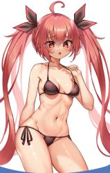 Rule 34 | 1girl, ahoge, bikini, black bikini, black ribbon, breasts, collarbone, commentary, commission, date a live, hair between eyes, hair ribbon, itsuka kotori, kaptivate, long hair, looking at viewer, medium breasts, navel, open mouth, red eyes, red hair, ribbon, solo, swimsuit, thighs, twintails, very long hair