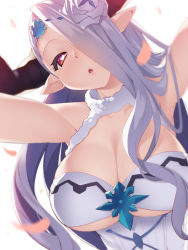 Rule 34 | 10s, 1girl, bare arms, breasts, cleavage, draph, flower, granblue fantasy, hair flower, hair ornament, hair over one eye, head tilt, horns, izmir, large breasts, light purple hair, long hair, looking at viewer, pointy ears, red eyes, rose, solo, upper body, white background, white flower, white rose, yuuji (yukimimi)
