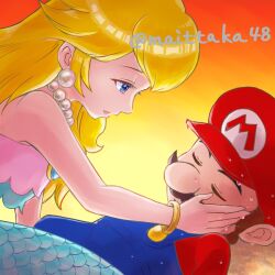 Rule 34 | 1boy, 1girl, beach, blonde hair, blue eyes, breasts, brooch, brown hair, closed eyes, earrings, facial hair, hand on another&#039;s face, hat, jewelry, long hair, looking at another, lying, mario, mario (series), mermaid, mermaid peach, monster girl, mustache, necklace, nintendo, overalls, princess peach, princess peach: showtime!, sleeping, wet