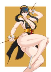 Rule 34 | 1girl, :&gt;, alternate costume, ass, bare legs, bare shoulders, bodysuit, bracelet, breasts, capcom, chinese clothes, chun-li (cosplay), closed mouth, cosplay, curvy, dagger, double bun, earrings, gold earrings, gold hairband, hair bun, hairband, highres, holding, holding weapon, huge ass, jewelry, jumping, knife, large breasts, long hair, looking at viewer, octavius dp, official alternate costume, red eyes, revealing clothes, shiny skin, sidelocks, signature, simple background, skin tight, sleeveless, sleeveless bodysuit, smile, spy x family, stiletto (weapon), street fighter, street fighter v, weapon, yor briar