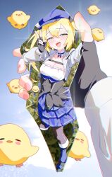 Rule 34 | 1girl, absurdres, beret, black gloves, black pantyhose, blonde hair, blue headwear, blue skirt, blush, breasts, cleavage, collar, cropped jacket, detached collar, dokibird (vtuber), fang, fingerless gloves, gloves, green eyes, grey jacket, gurumie, hat, highres, holding crystal, indie virtual youtuber, jacket, layered skirt, long hair, looking at viewer, medium breasts, open mouth, pantyhose, shirt, skirt, smile, teeth, twintails, upper teeth only, virtual youtuber, white collar, white shirt