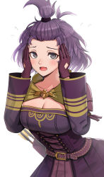 Rule 34 | 1girl, antenna hair, arrow (projectile), belt, bernadetta von varley, blush, breasts, cleavage, commentary request, dress, fire emblem, fire emblem: three houses, fire emblem warriors, fire emblem warriors: three hopes, forehead, gonzarez, grey eyes, highres, long sleeves, looking at viewer, medium breasts, nintendo, open mouth, purple belt, purple dress, purple hair, quiver, short hair, simple background, solo, upper body, white background