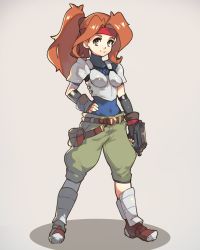 Rule 34 | 1girl, armor, bag, boobplate, breastplate, brown eyes, covered navel, final fantasy, final fantasy vii, final fantasy vii remake, fingerless gloves, full body, gloves, grey background, gun, hand on own hip, headband, highres, jessie rasberry, looking at viewer, ponytail, red headband, satchel, shin guards, shoulder armor, simple background, smile, solo, vins-mousseux, weapon