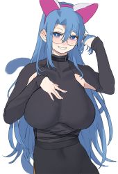Rule 34 | 1girl, animal ears, aochoku, armpit cutout, black skirt, blue eyes, blue hair, breasts, cat ears, clothing cutout, collar, covered navel, fake animal ears, glasses, hairband, hand on own chest, hand up, high-waist skirt, highres, impossible clothes, large breasts, long hair, long sleeves, looking at viewer, original, parted lips, round eyewear, sidelocks, simple background, skirt, smile, solo, teeth, turtleneck, white background