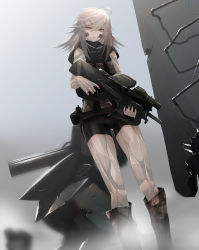Rule 34 | 1girl, android, bare legs, body writing, boots, facial mark, grey hair, groin, gun, hair ornament, hairpin, handgun, highres, holding, holding weapon, holstered, joints, looking at viewer, medium hair, original, pistol, red eyes, robot joints, savuxan, scarf, shorts, solo, thigh gap, vest, weapon