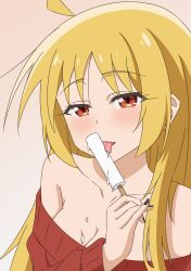 Rule 34 | 1girl, absurdres, ahoge, bare shoulders, black nails, blonde hair, blush, bocchi the rock!, breasts, cleavage, commentary, dot nose, english commentary, food, gradient background, highres, holding, holding food, holding popsicle, ijichi seika, licking, long hair, looking at viewer, medium breasts, multicolored background, nail polish, off-shoulder sweater, off shoulder, orange background, popsicle, red eyes, red sweater, sexually suggestive, simple background, smile, solo, sweater, thundradrawings, upper body, white background