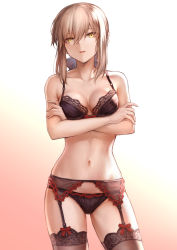 Rule 34 | 1girl, artoria pendragon (all), artoria pendragon (fate), black panties, blonde hair, blue bow, bow, bra, braid, breasts, cleavage, commentary request, cowboy shot, crossed arms, fate/grand order, fate (series), female focus, french braid, garter belt, gradient background, hair bun, hair intakes, highres, lace, lace bra, lingerie, looking at viewer, mashuu (neko no oyashiro), medium breasts, navel, panties, red bow, saber alter, simple background, single hair bun, solo, standing, stomach, thighhighs, underwear, underwear only, yellow eyes