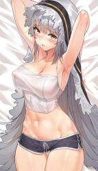 Rule 34 | 1girl, armpits, arms behind head, arms up, artist request, bare arms, bare shoulders, black shorts, blush, breasts, camisole, cleavage, commission, covered erect nipples, cowboy shot, crop top, dolphin shorts, drawstring, embarrassed, grey hair, highres, large breasts, long hair, looking at viewer, micro shorts, midriff, navel, no bra, open mouth, second-party source, shirt, shorts, sleeveless, sleeveless shirt, solo, spaghetti strap, standing, stomach, sung-eun (unleashed), sweat, thigh gap, thighs, unleashed, veil, very long hair, white shirt, yellow eyes