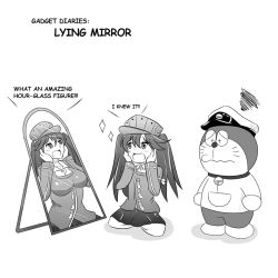 Rule 34 | 10s, 1girl, :d, admiral (kancolle), alternate breast size, bell, neck bell, breasts, collar, commentary, crossover, different reflection, doraemon, doraemon (character), english text, greyscale, hat, kantai collection, large breasts, magatama, mirror, mirror image, monochrome, open mouth, peaked cap, reflection, ryuujou (kancolle), smile, sparkle, twintails, visor cap, wangphing