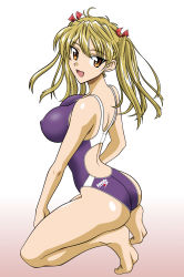 Rule 34 | 00s, 1girl, absurdres, ass, blonde hair, breasts, covered erect nipples, female focus, full body, gradient background, highres, legs, open mouth, orange eyes, sawachika eri, school rumble, short hair, smile, solo, squatting, swimsuit, thighs, third-party edit, twintails, white background