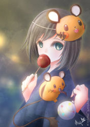 Rule 34 | 1boy, black hair, blurry, blush, bokeh, calem (pokemon), candy apple, character mask, covered mouth, creature on chest, creatures (company), dedenne, depth of field, eating, food, game freak, gen 6 pokemon, green eyes, holding, holding food, japanese clothes, kimono, looking at viewer, mask, mask on head, medium hair, nintendo, pokemon, pokemon (creature), pokemon xy, sirius., solo, squid, water yoyo, yukata