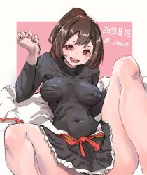 Rule 34 | 1girl, black shirt, black skirt, black undershirt, breasts, brown eyes, brown hair, covered navel, dated, feet out of frame, frilled skirt, frills, hakama, hakama skirt, ise (kancolle), japanese clothes, kantai collection, large breasts, looking at viewer, n-mori, open mouth, ponytail, round teeth, shirt, short hair, skirt, smile, solo, spread legs, teeth, twitter username, upper teeth only