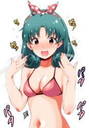 Rule 34 | 1girl, artist name, bikini, blush, breasts, brown eyes, cleavage, commentary request, fanning face, green hair, hair ribbon, highres, idolmaster, idolmaster million live!, looking at viewer, medium breasts, medium hair, navel, open mouth, ponpon, red bikini, red ribbon, ribbon, signature, smile, solo, swimsuit, tokugawa matsuri, upper body, white background