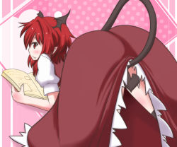Rule 34 | 1girl, alternate hair length, alternate hairstyle, ass, bat wings, black thighhighs, blush, book, commentary request, demon girl, demon tail, dress, dress shirt, fang, frills, head wings, holding, holding book, koakuma, konokiya, looking back, open book, pink background, pointy ears, polka dot, polka dot background, reading, red dress, red eyes, red hair, shirt, short hair, sideways mouth, smile, tail, tail censor, thighhighs, top-down bottom-up, touhou, wings