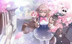 Rule 34 | 160mp, 1girl, :3, :d, absurdres, ahoge, artist logo, bare shoulders, blouse, blue skirt, blurry, blurry foreground, blush, bow, bowtie, breasts, brown sweater, building, cherry blossoms, commentary, commission, dog, dog girl, dog tail, fangs, flower, food, fruit, green eyes, hair ornament, hair ribbon, heart, heart ahoge, highres, holding, holding food, holding spoon, ice cream, ice cream cone, large breasts, light brown hair, long hair, long sleeves, looking at viewer, off shoulder, open mouth, original, outdoors, petals, pink bow, pink bowtie, pink ribbon, puppy, ribbon, shirt, skirt, smile, solo, spoon, standing, strawberry, suspender skirt, suspenders, sweater, tail, thick eyebrows, tree, very long hair, white legwear, white shirt, wide sleeves