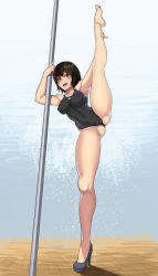 Rule 34 | 1girl, :d, alternate breast size, amagami, armpits, ass, bare arms, bare legs, bare shoulders, barefoot, black footwear, black hair, black one-piece swimsuit, blush, bob cut, breasts, brown eyes, cameltoe, collarbone, colored eyelashes, competition swimsuit, covered erect nipples, covered navel, eyelashes, female focus, flexible, full body, gradient background, grey background, grin, hair between eyes, high heels, highres, impossible clothes, impossible swimsuit, leg lift, leg up, legs, medium breasts, nail polish, nanasaki ai, one-piece swimsuit, open mouth, pinky out, pole, pole dancing, revision, school swimsuit, shade, shadow, shoes, short hair, single shoe, skin tight, smile, solo, spread legs, standing, standing on one leg, stripper pole, swimsuit, the golden smurf, thighs, toned, white background, white nails