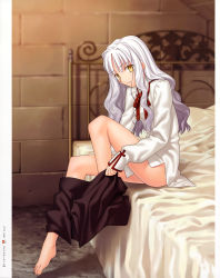 Rule 34 | 00s, 1girl, barefoot, bed, blouse, blurry, bottomless, caren hortensia, depth of field, dressing, fate/hollow ataraxia, fate/stay night, fate (series), feet, full body, highres, indoors, long hair, miniskirt, shirt, sitting, skirt, solo, takeuchi takashi, type-moon, undressing, wavy hair, white hair, white shirt, yellow eyes