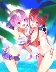 Rule 34 | 2girls, :d, \n/, ahoge, amagasa nadame, anchor symbol, arm up, asymmetrical docking, bare arms, bare shoulders, bikini, blue bikini, blue hair, blue ribbon, blurry, blurry foreground, braid, breast press, breasts, cleavage, commentary request, day, depth of field, hair ribbon, halterneck, hololive, houshou marine, large breasts, long hair, medium breasts, minato aqua, multicolored hair, multiple girls, navel, open mouth, outdoors, pink hair, red bikini, red eyes, red hair, red ribbon, ribbon, side-tie bikini bottom, smile, streaked hair, striped bikini, striped clothes, swimsuit, twintails, two-tone hair, v, very long hair, virtual youtuber, water