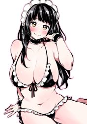 Rule 34 | 1girl, adjusting hair, bare shoulders, bikini, black bikini, black choker, black hair, blush, breasts, choker, cleavage, closed mouth, collarbone, frilled bikini, frilled choker, frills, front-tie bikini top, front-tie top, large breasts, long hair, looking at viewer, maid headdress, navel, original, outline, pink outline, simple background, sitting, smile, solo, swimsuit, uekan, white background, wristband, yellow eyes
